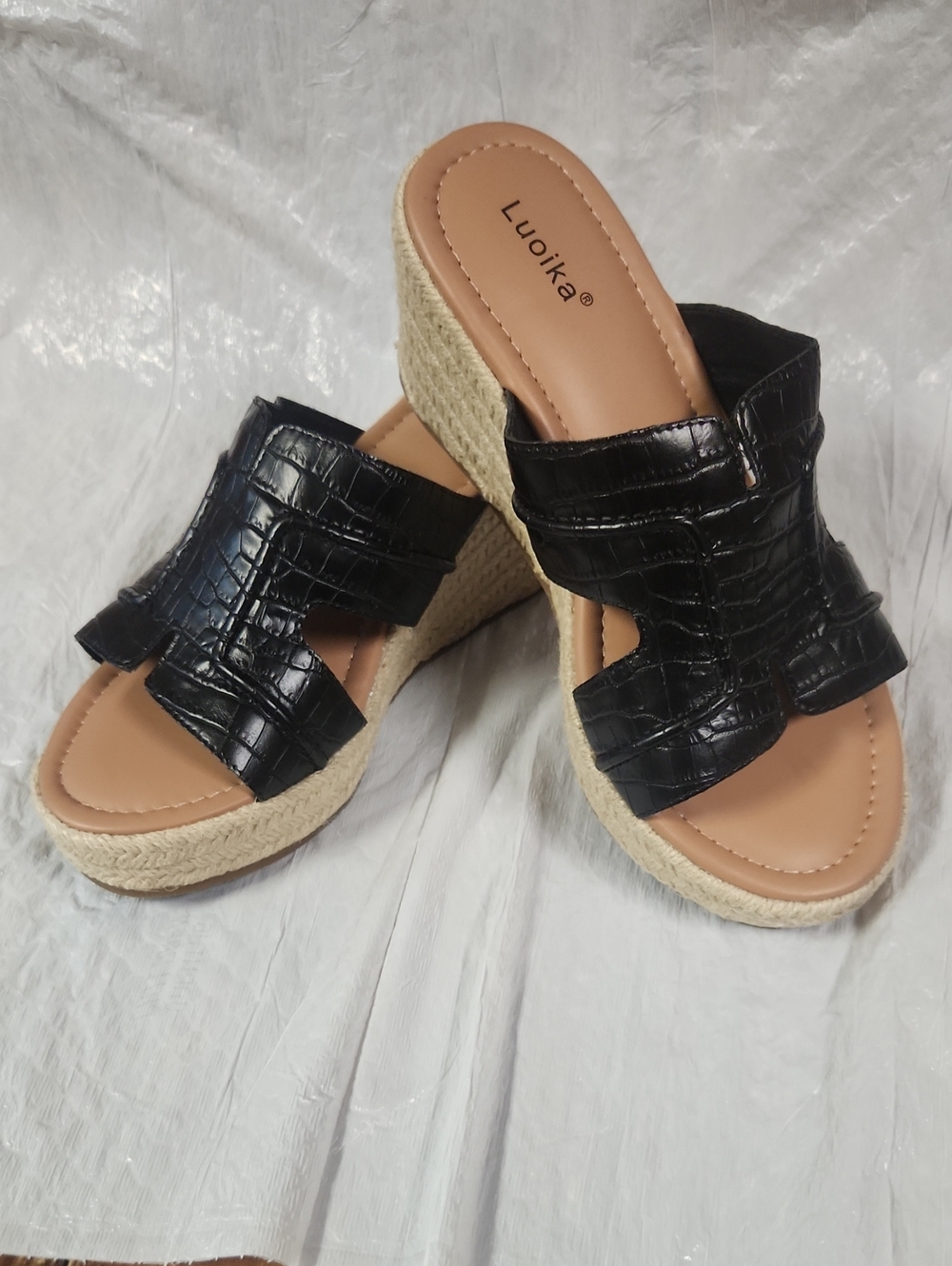 Luoika Black Croc-Embossed Espadrille Wedge Slides